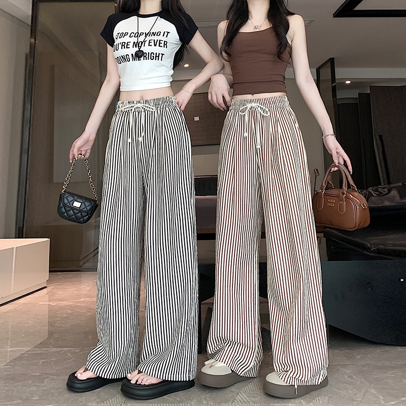 กางเกงลำลองสตรี กางเกงลายทางแนวตั้งสีดำและสีขาว กางเกงขากว้างเอวสูง
