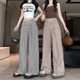 กางเกงลำลองสตรี กางเกงลายทางแนวตั้งสีดำและสีขาว กางเกงขากว้า…