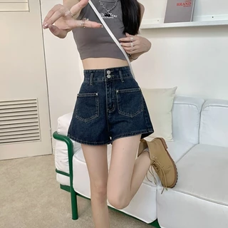 YODO กางเกงยีนส์สั้นเอวสูง S-4XL สีน้ำเงินวินเทจทรงเอ กางเกงขนสั้นสำหรับสาวอวบดูผอม BV83