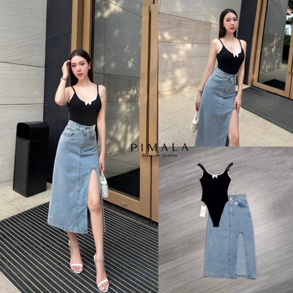 Pimala เซ็ทสายเดี่ยวบอดี้สูทสีดำสุดแซ่บเว้าสูงเปิดหลังลึก