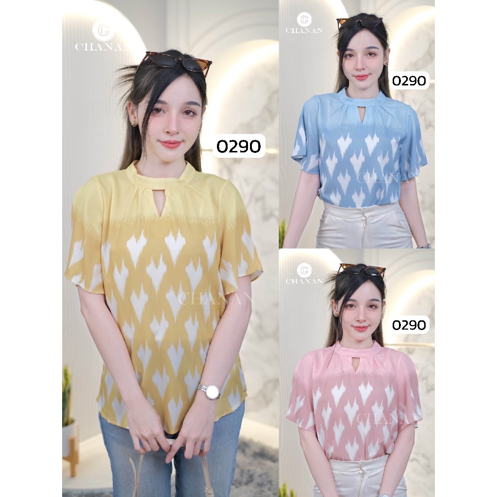 Chanan☘️ เสื้อชีฟองผสม แขนสั้นตุ๊กตา ดีเทลลายหัวใจ สีน่ารักใส่ได้หลากหลายลุค มี3สี รุ่น0290