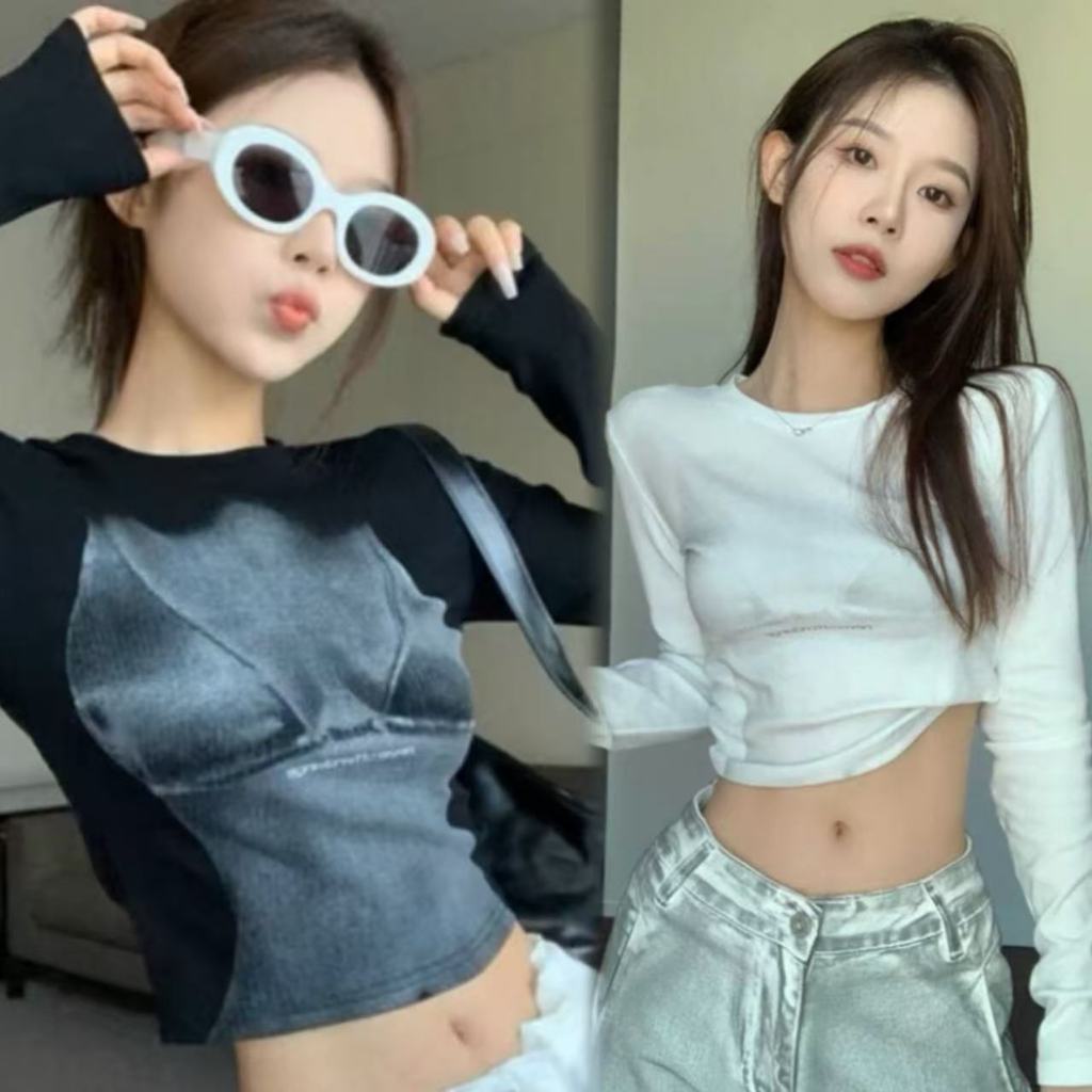Lisa พร้อมส่ง🍒เสื้อยืดทรงครอป เสื้อรัดรูป คอกลมแขนยาว ผ้ายืด พิมพ์ลายบรา ทั้งด้านหน้า-หลัง เซ็กซี่เบาๆ ไฮโซY2K