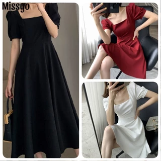 Missyo ชุดเดรสยาวแขนสั้นคอเหลี่ยม ใส่ออกงานได้ มีกระเป๋าข้าง สีพื้น 3 สี สง่างาม
