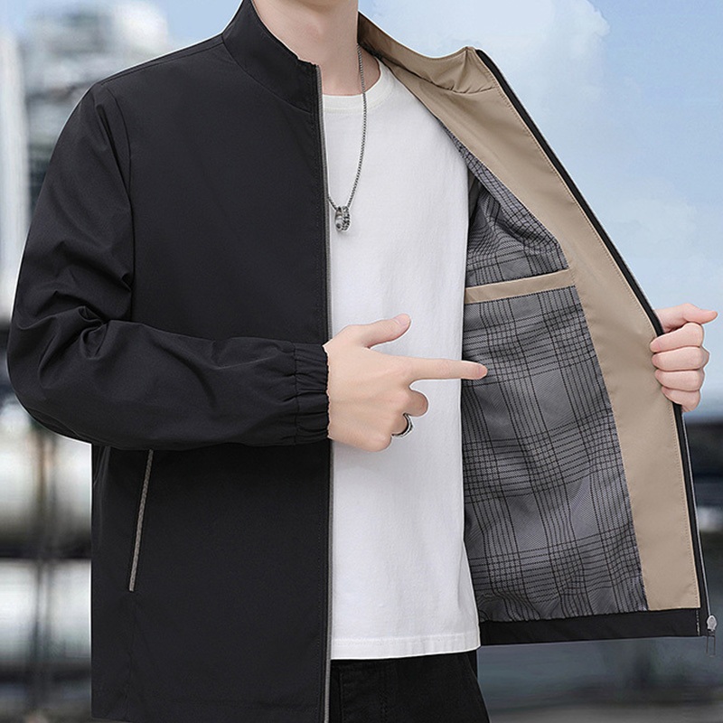 Intelscore เสื้อแจ็คเก็ตทรงเข้ารูปสำหรับผู้ชายใหม่ กระเป๋าซิป เสื้อแจ็คเก็ตสีทึบธุรกิจลำลอง ขนาด: M-3XL