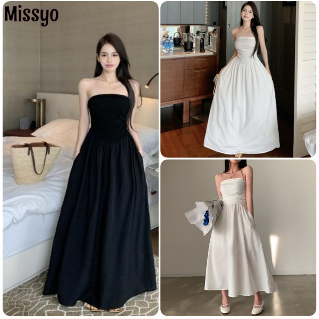 Missyo ชุดผู้หญิงสีฝรั่งเศสบริสุทธิ์ร้อยชุดสีดําสีขาวสง่างามกระโปรงวันหยุดผอม