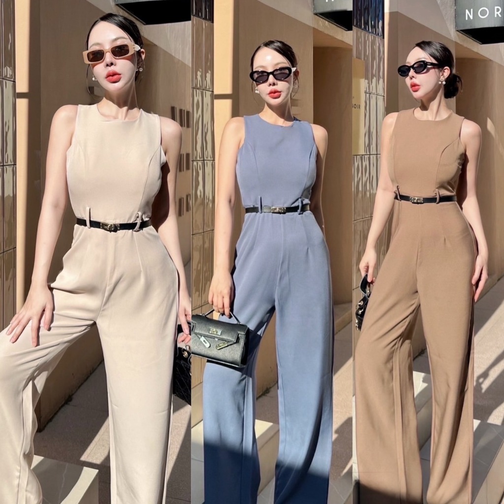 J21 - Old Money Style  จั๊มสูทขายาว รุ่นแขนกุด ทรงเอวสูง แถมเข็มขัด