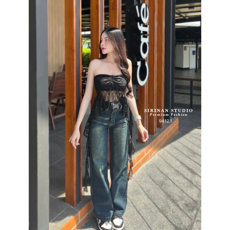 กางเกงยีนส์ทรงกระบอกใหญ่ เอวต่ำ สีสนิมดาร์ตบลู [Sirinan Studio]