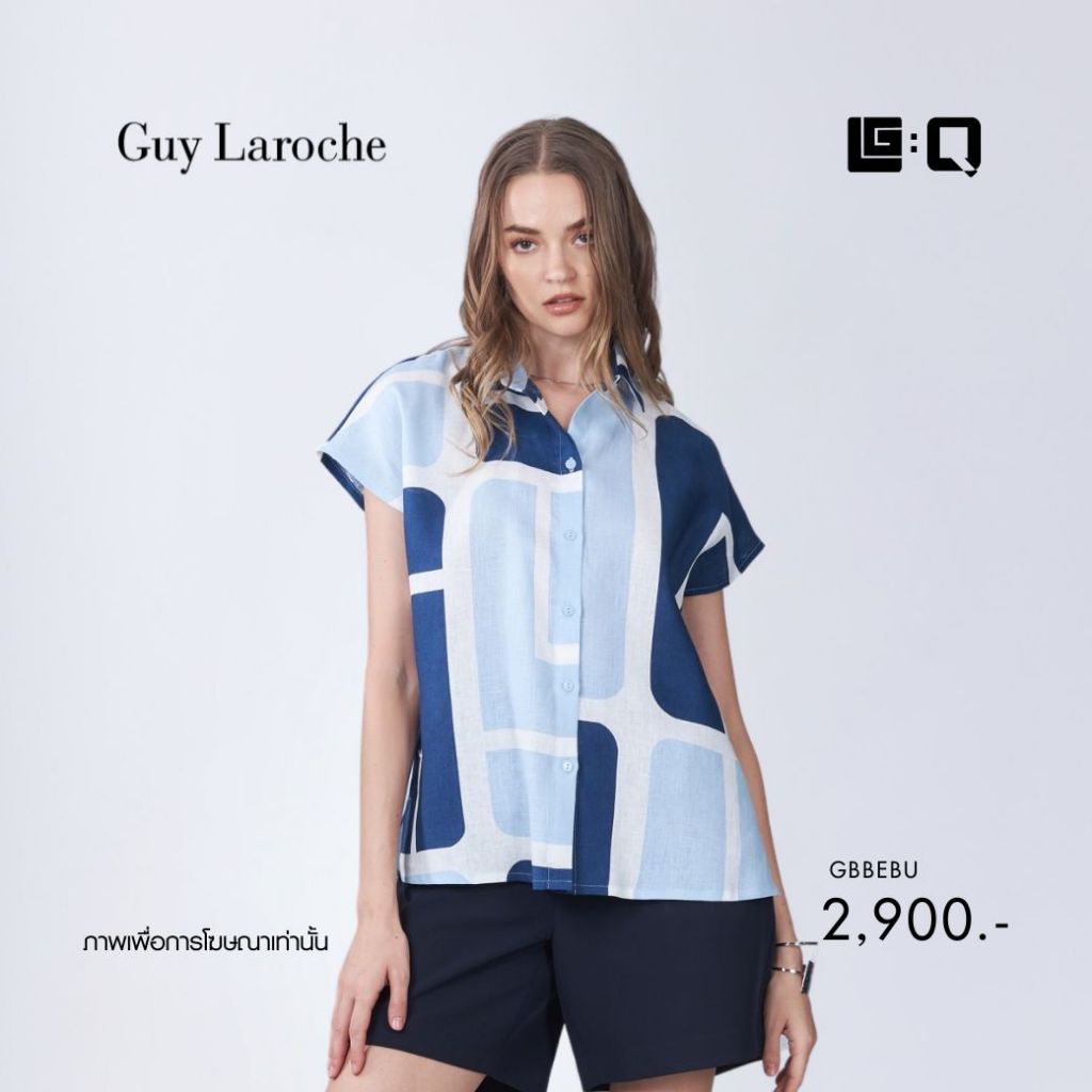 Guy Laroche เสื้อเชิ๊ตผู้หญิง Light linen Blue logo แขนล้ำ สีฟ้า GBBEBU