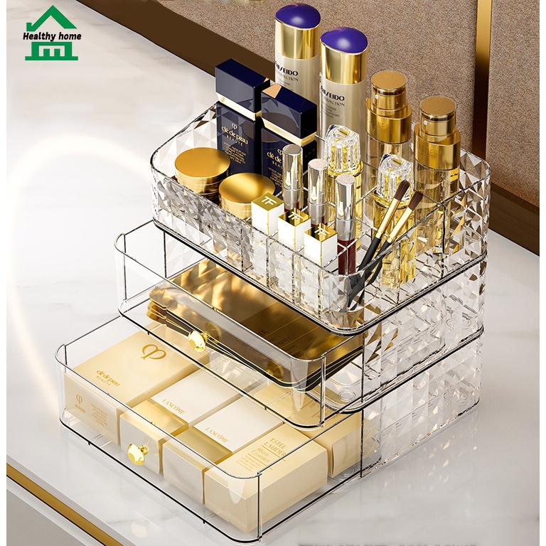 Healthy home กล่องเก็บเครื่องสำอาง กล่องเก็บเครื่องสำอางบนโต๊ะ PET ใส มีลิ้นชัก มจุใส่ของได้เยอะ