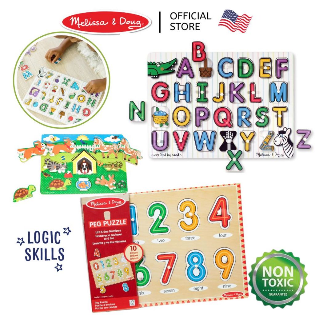(ของแท้ USA) จิ๊กซอว์ไม้ จิ๊กซอว์หมุด Peg Puzzle Alphabet Numbers Pet Melissa & Doug จิ๊กซอว์เด็ก