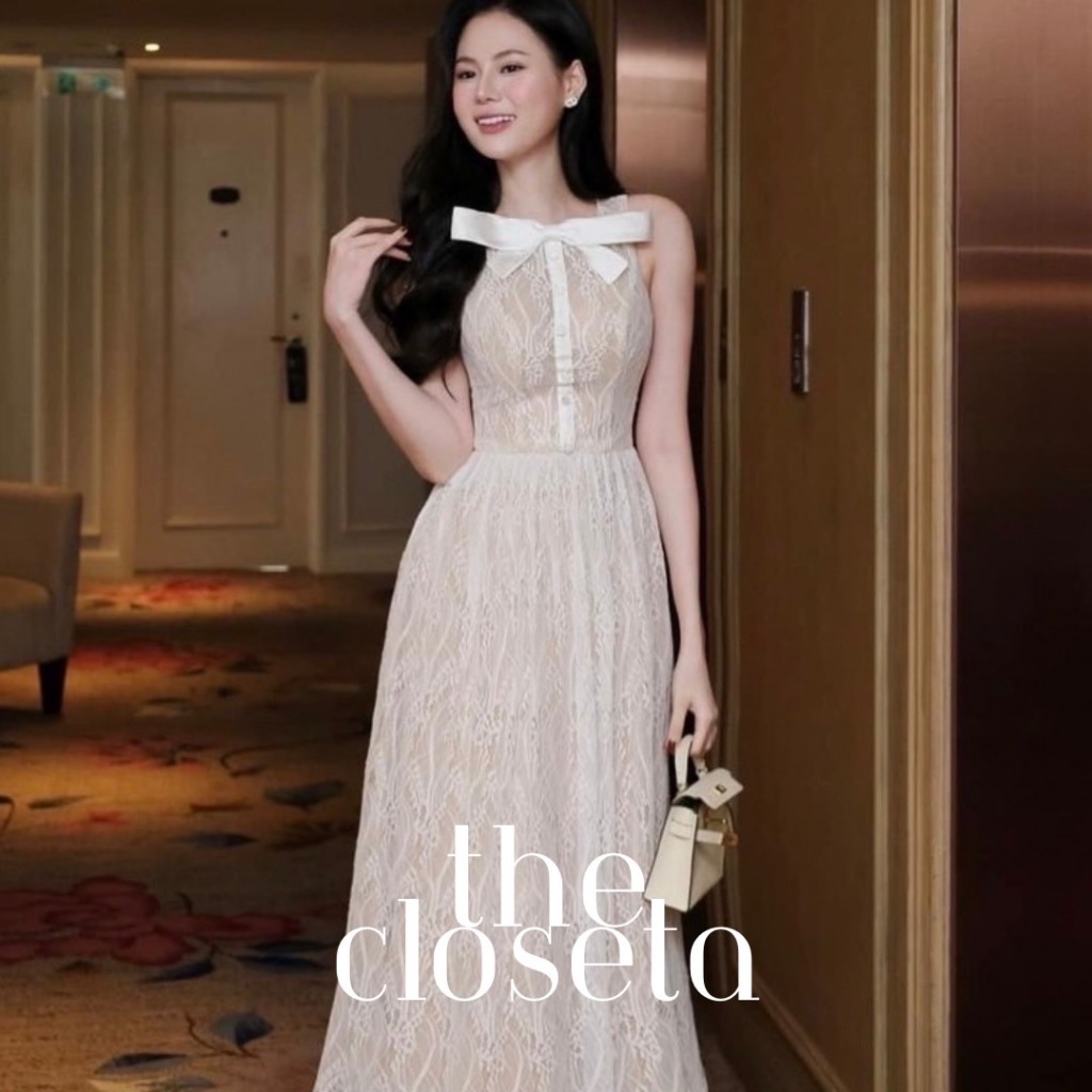 THE CLOSETA : LB305 แม็กซี่เดรสลูกไม้ทั้งชุด ช่วงคอแต่งโบว์ น่ารักมากๆ