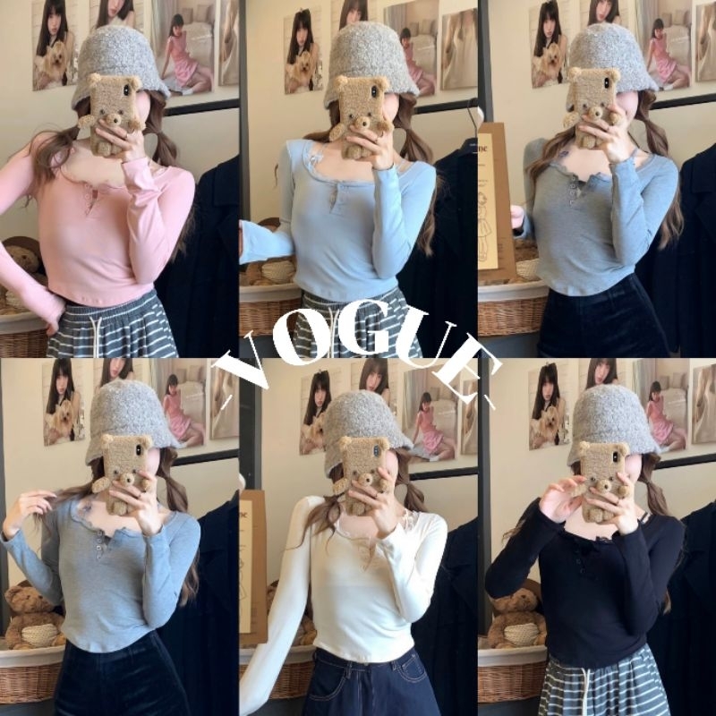 Vogue พร้อมส่ง เสื้อแขนยาว มีฟองน้ำ ดีเทลแต่งสายยืดตามตัวผ้านุ่มนิ่ม (FY5046)