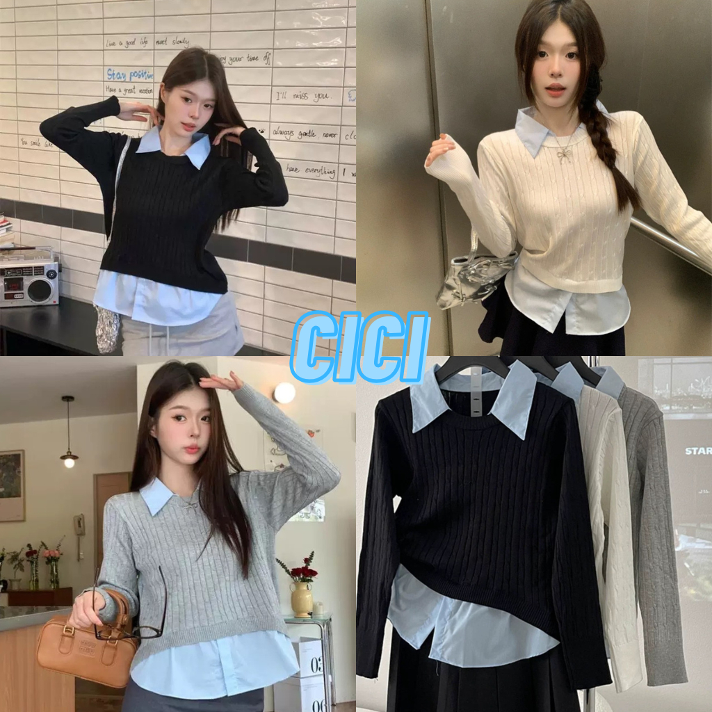ส่งทันที Cici(NO. 60179) เสื้อคอปกOversizeแขนยาวไหมพรมดีเทลเย็บติดกัน สไตล์วิทยาลัยเกาหลี