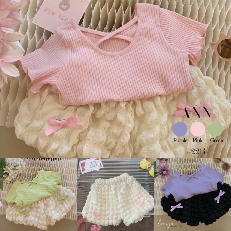 ชุดเด็ก เซ็ต2ชิ้น เสื้อยืดแขนสั้นผ้าร่อง สีพื้น แต่งสายไขว้หลังคอ + กางเกงขาสั้นผ้าป๊อปคอร์น #2214