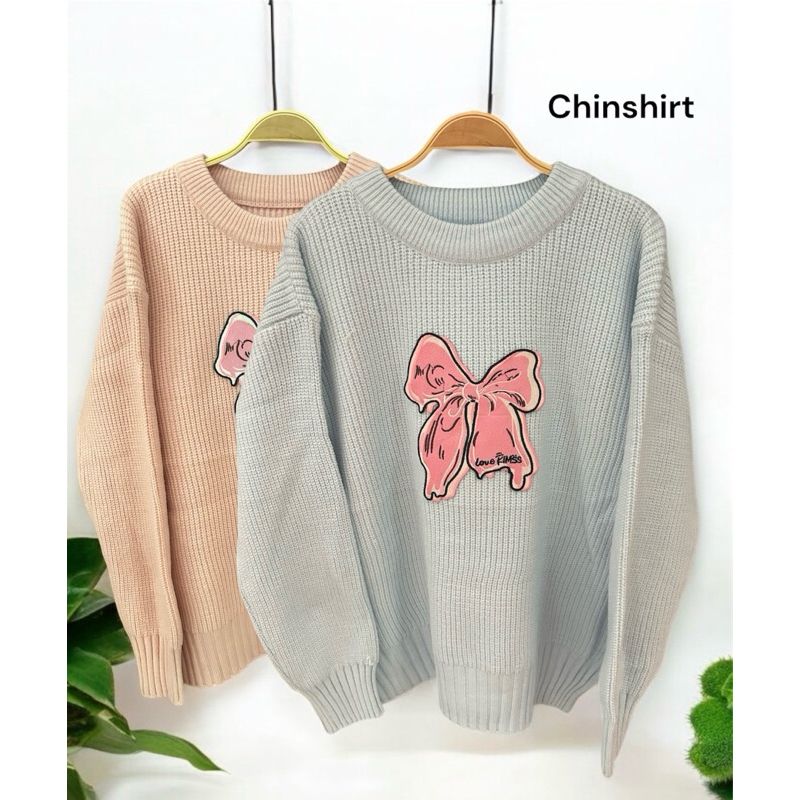Chinshirt สเวตเตอร์ติดโบว์ชมพูโอเวอร์ไซส์ ลุคเกาหลีสุดๆ สเวตเตอร์แฟชั่นกันหนาว