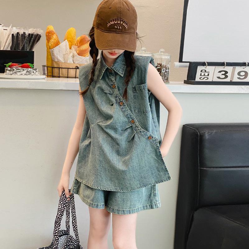 B313 ชุดเซ็ทงานยีนส์เด็กเสื้อ+กางเกงขาสั้น