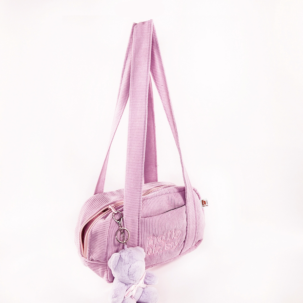 [พร้อมส่ง] Hello Daisy กระเป๋าผ้าลูกฟูกสีชมพู ปักโลโก้ชมพูกระเป๋าหน้า มีซิป สะพายไหล่