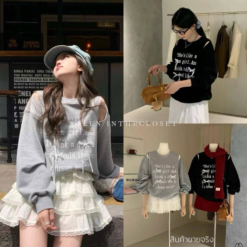 WG.WE mini bow เสื้อสเวตเตอร์แขนยาวคอกลมเว้าไหล่ แต่งโบว์จิ๋ว