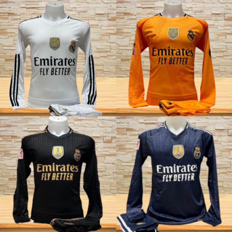 ชุดฟุตบอลผู้ใหญ่แขนยาว real madridชุดกีฬา 1 ชุดเสื้อพร้อมกางเกงพร้อมส่ง size m l XL