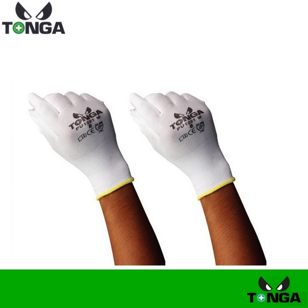 TONGA PU1001 ถุงมือไนล่อนไร้ตะเข็บไม่มีขุย เคลือบด้วยวัสดุโพลียูรีเทนเต็มฝ่ามือ สี ขาว