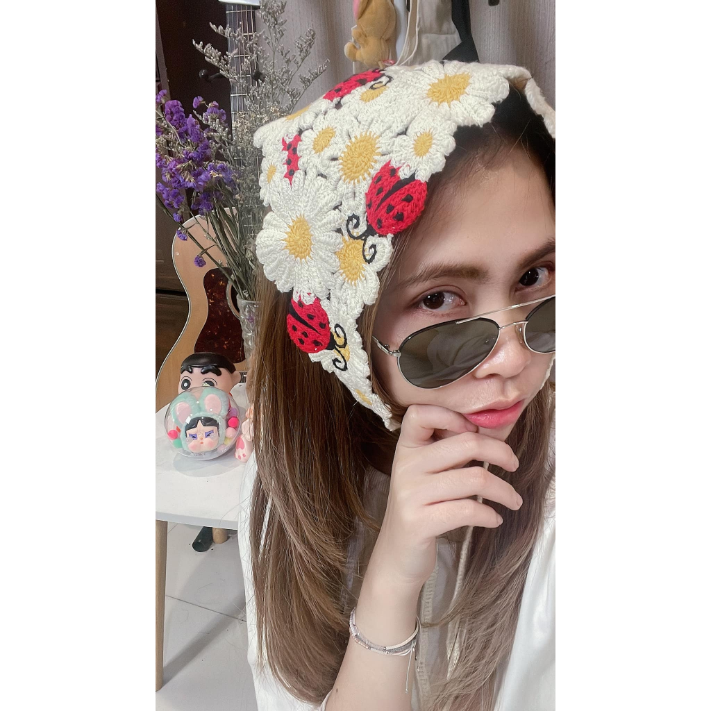 ผ้าโพกผมไหมพรมถักลายดอกเดซี่และเต่าทอง น่ารักสไตล์วินเทจ#ผ้าโพกผมวินเทจ(พร้อมส่ง)