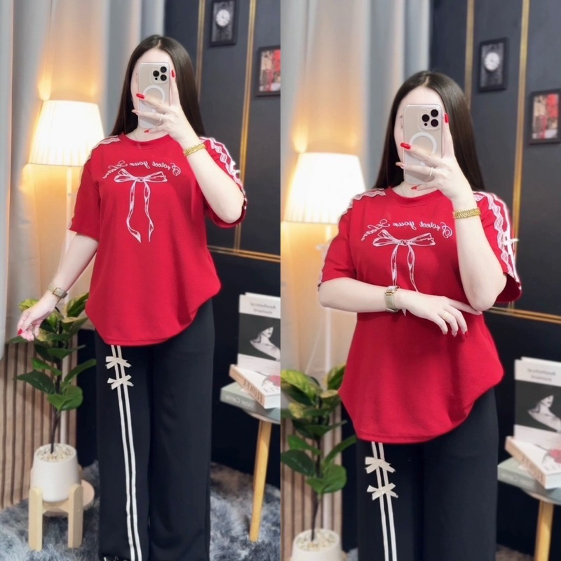 เซ็ทเสื้อแขนแต่งโบว์+กางเกงแต่งโบว์