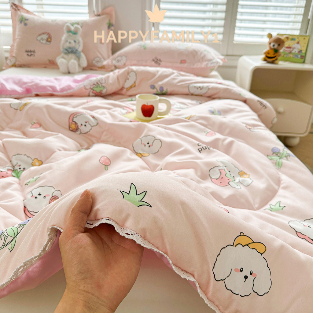 Happyfamily1 ผ้าห่มใยถั่วเหลือง พิมพ์การ์ตูน ซุปเปอร์ซอฟท์ เครื่องล้างทำความสะอาดได้ 5 ฟุต 6.5 ฟุต