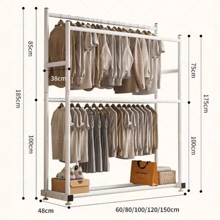 AiHome ราวตากผ้า ราวแขวนเสื้อผ้าบาร์คู่ พร้อมชั้นวางของและตะขอแขวนเสื้อแขวนหมวก
