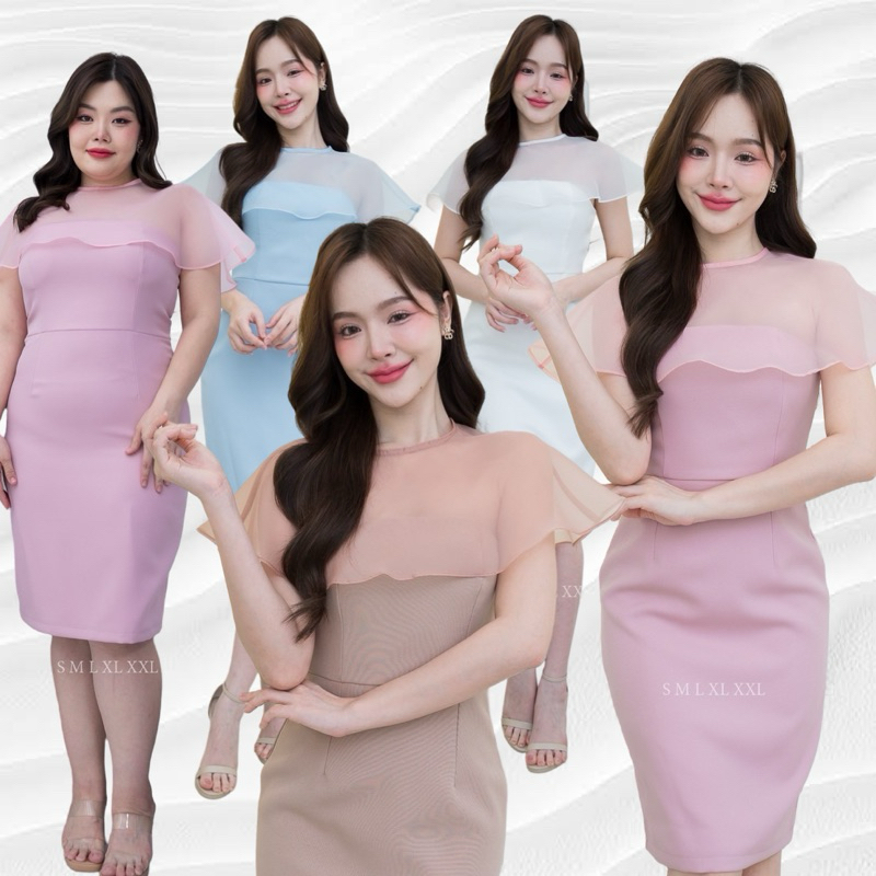 ชุดเดรสแต่งผ้าเเก้วคลุมไหล่-304