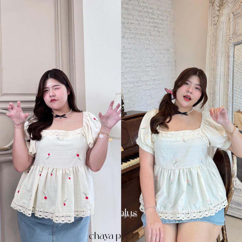 𝐓𝐮𝐥𝐢𝐩 𝐛𝐥𝐨𝐮𝐬𝐞 - เสื้อคอเหลี่ยมแขนตุ๊กตา อก40-52นิ้ว ปักดอกทิวลิป แต่งลูกไม้ที่อก เนื้อผ้าครัชใส่สบายสุดๆ
