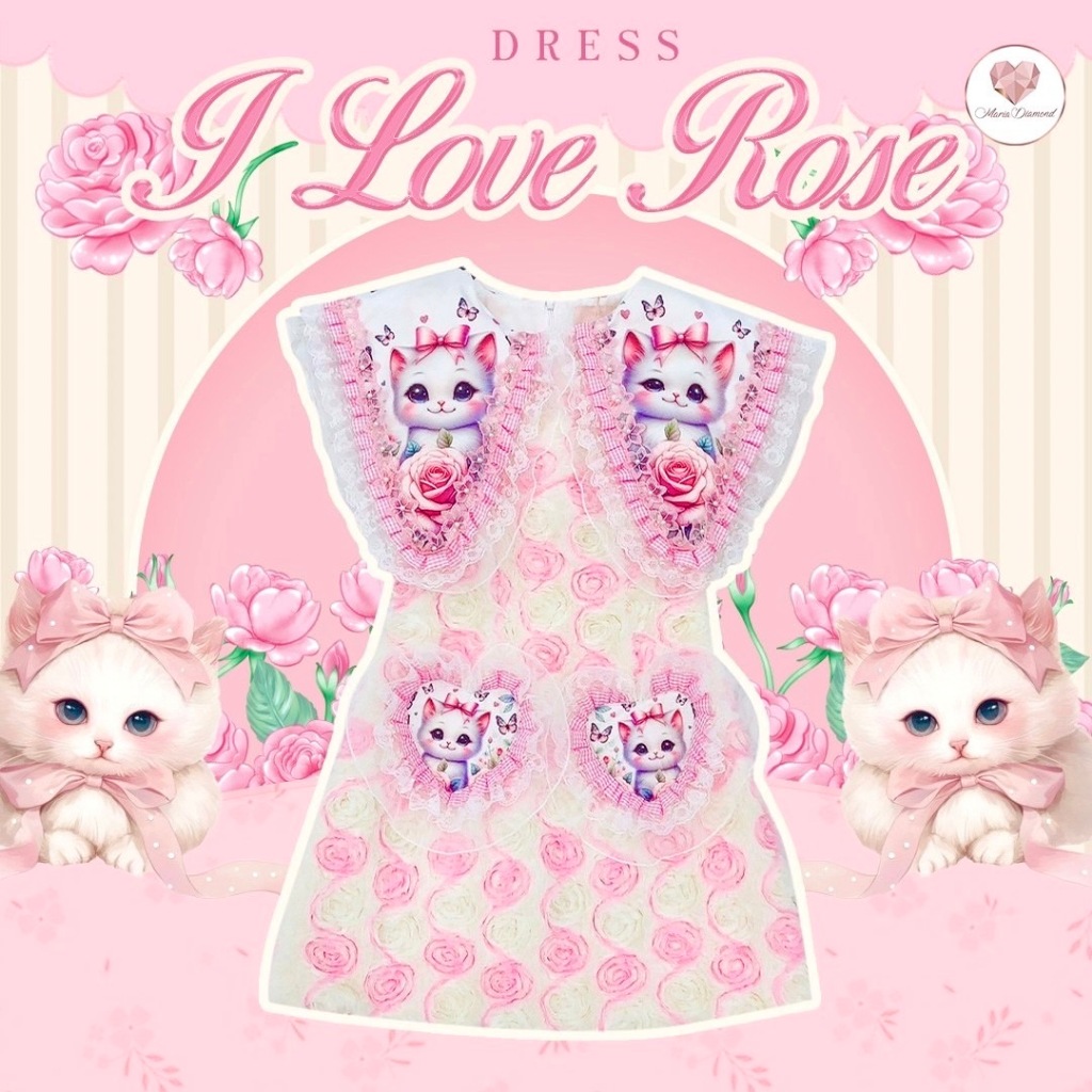 (มี3XL) I Love Rose Dress เดรสผ้ากุหลาบ 3D ขนสั้น ปกแหลม แต่งระบายสองชั้น แต่งดีเทลหัวใจ ซิปหลัง มีซับใน