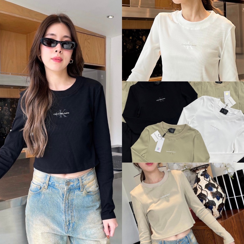 เสื้อครอปคอกลม แขนยาว ด้านหน้าสกรีนโลโก้งานชนช็อปแบรนด์ดังเลยค่า ผ้าร่องยืดหยุ่น ใส่สบาย เนื้อดีมากก ทรงสวย