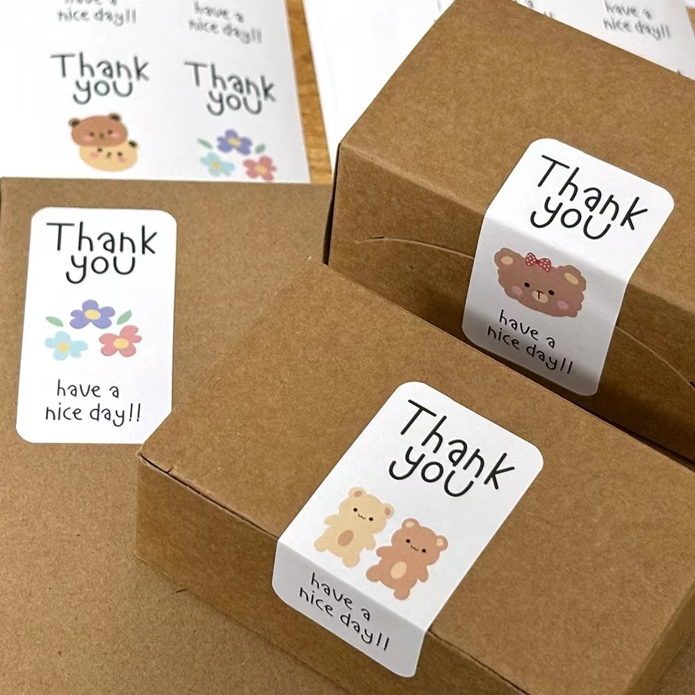 สติ๊กเกอร์ขอบคุณ ติดแก้ว ถุง ติดกล่อง สี่เหลี่ยมผืนผ้า 3*6ซม 100ดวง sticker thankyou S31