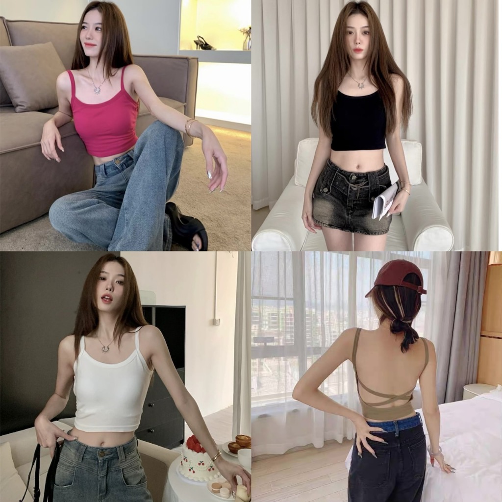 🌟MKL🌟 พร้อมส่ง เสื้อสายเดี่ยวเสริมฟองน้ำ สายเดี่ยวไมพรม เว้าหล้งเซ็กซี่สายคาด #YJN567