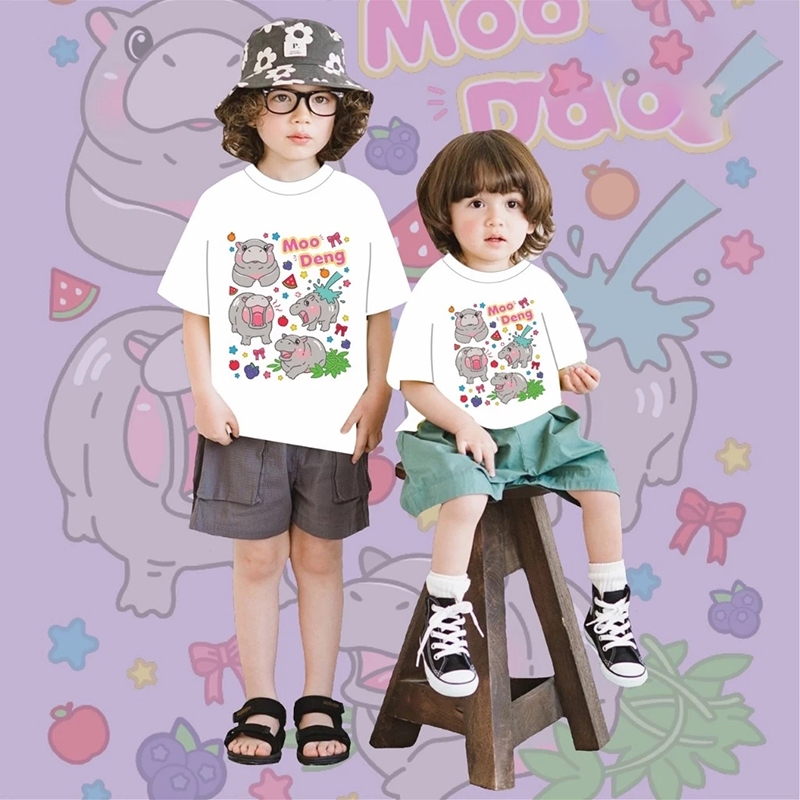Yout-children kids เสื้อยืด oversize Moo Deng พิมพ์ลาย แฟชั่น น่ารัก เสื้อยืด คอกลม สไตล์เกาหลี fit boy/girl
