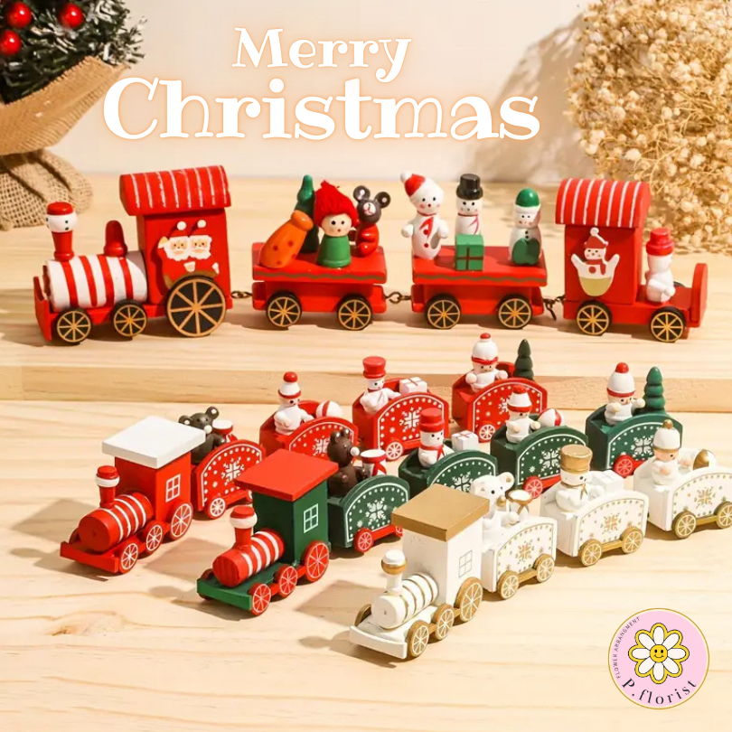Merry Christmas รถไฟไม้ ของขวัญคริสต์มาส สําหรับตกแต่งบ้าน ปีใหม่ ของเล่นรถไฟคริสต์มาส ขนาดเล็ก หลากสี สําหรับตกแต่งบ้าน