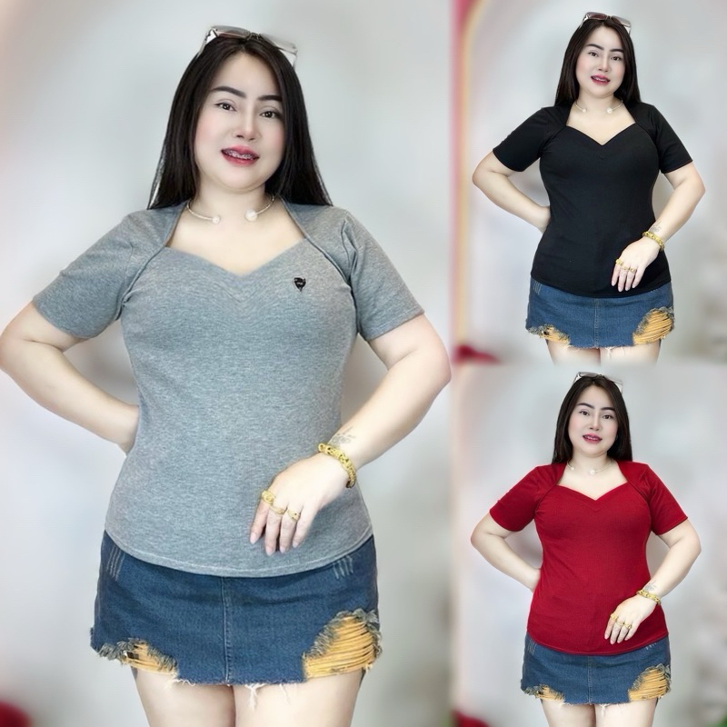 เสื้อยืดคนอ้วน อก 36-44 ยาว24  ผ้าร่องสวยนิ่ม  คอวีหัวใจแขนสั้น