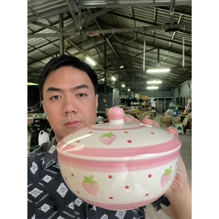 ถ้วยฝาปิดเซรามิก ลายสตอเบอรี่ชมพู (เข้าไมโครเวฟได้) เนื้อเซรามิคคุณภาพดี ปลอดภัย ออกใบกำกับภาษีได้