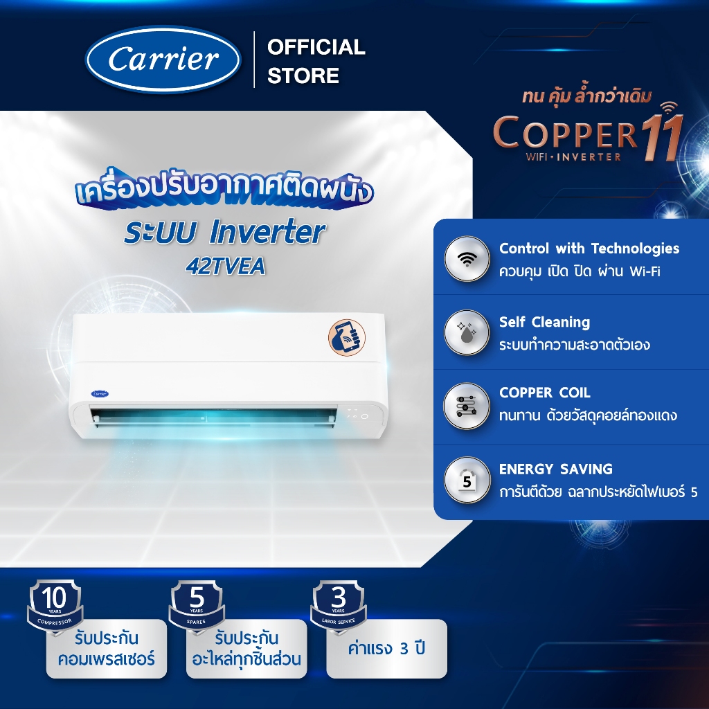 CARRIER แอร์ติดผนังระบบอินเวอร์เตอร์ รุ่นCOPPER11 ขนาด 18000 BTU