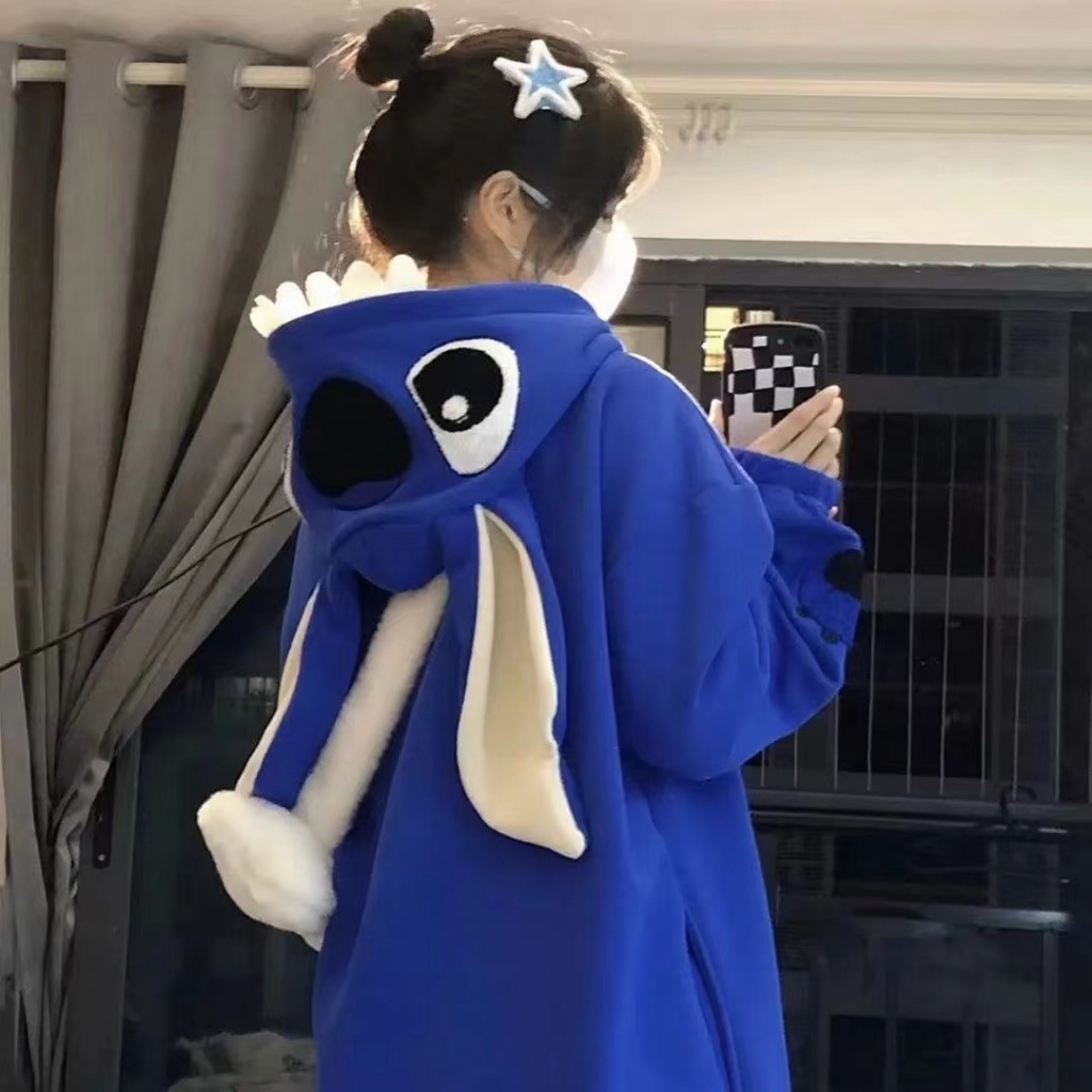 ใหม่น่ารักการ์ตูน Stitch เสื้อกันหนาวมีฮู้ดคู่หลวมชายและหญิงแจ็คเก็ตแฟชั่นหูใหญ่