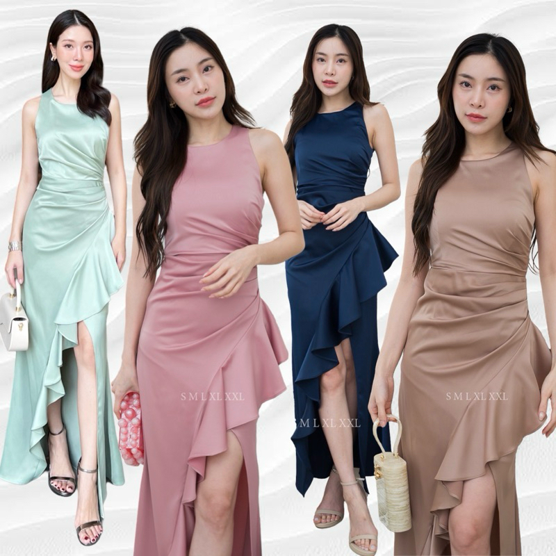 ชุดเดรสผ้าเครบซาตินแต่งระบายตรงกระโปรง-308