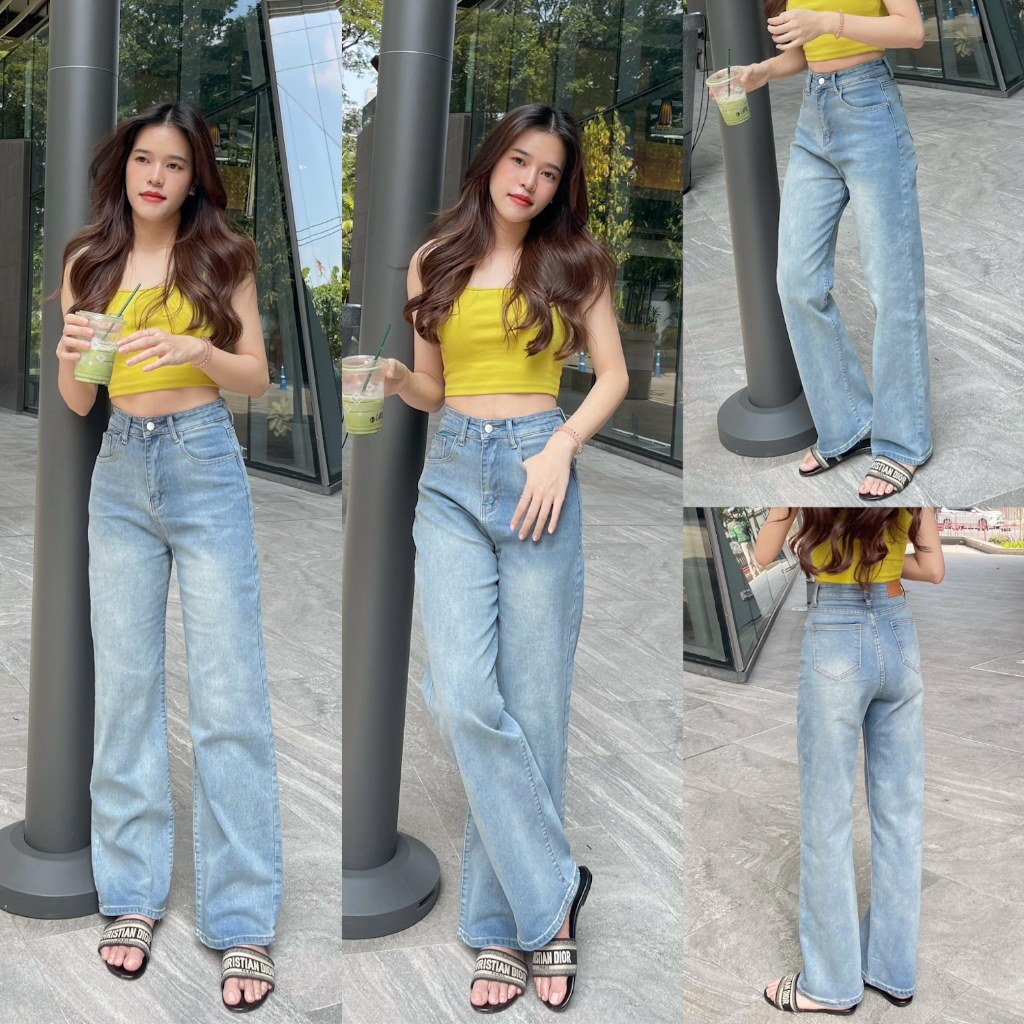 BLUEDA - Peri Jeans กางเกงยีนส์เอวสูง ขากระบอก ผ้ายืด ทรงเป๊ะ สีสวยมาก
