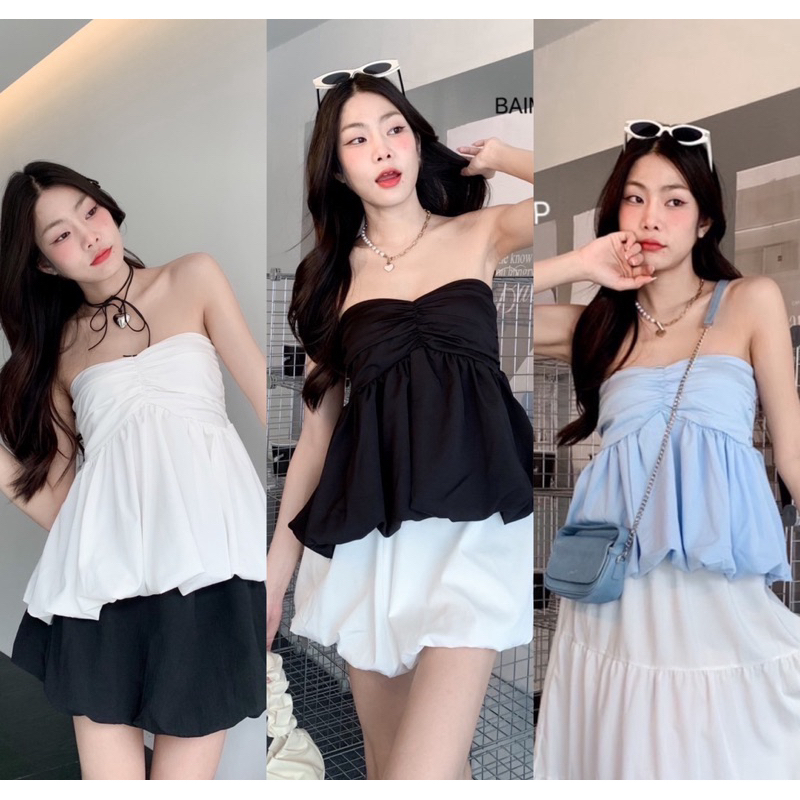 🌸OVP🌸 เสื้อเกาะอก จับจีบย่นอก ผ้าครัชสีล้วน งานฮิต