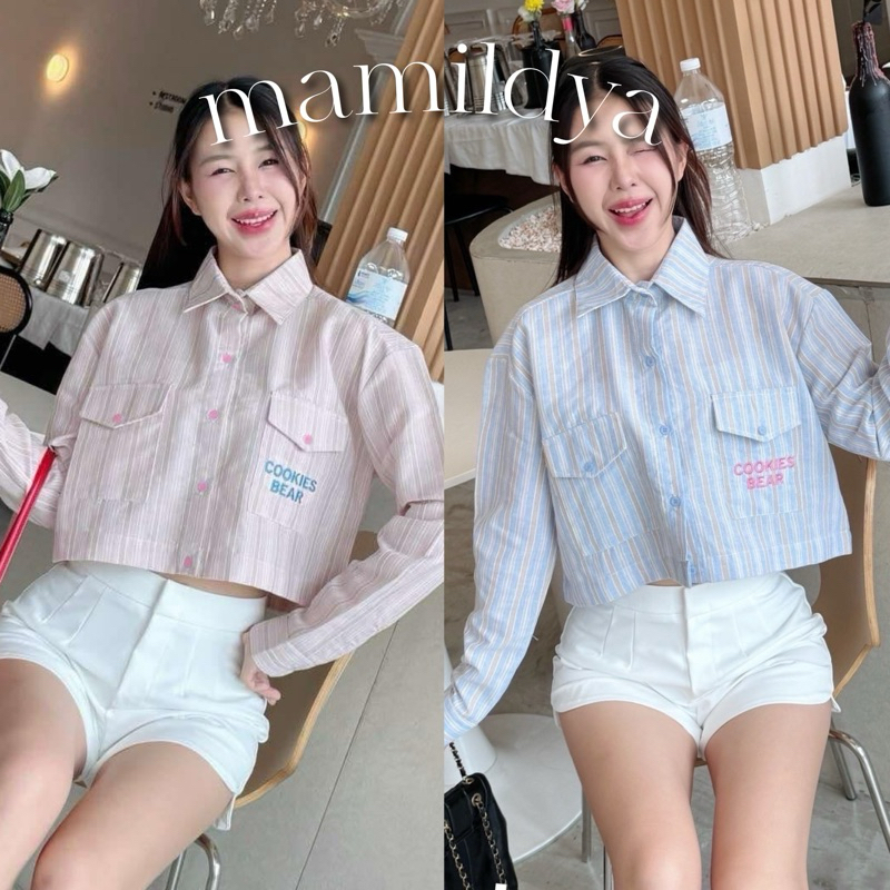 Mamildya.shop เสื้อเชิ้ตแขนยาว ผ้าคอตตอนลินินลายริ้วสีพาสเทล/E2-4 /COOK-พาสยาว