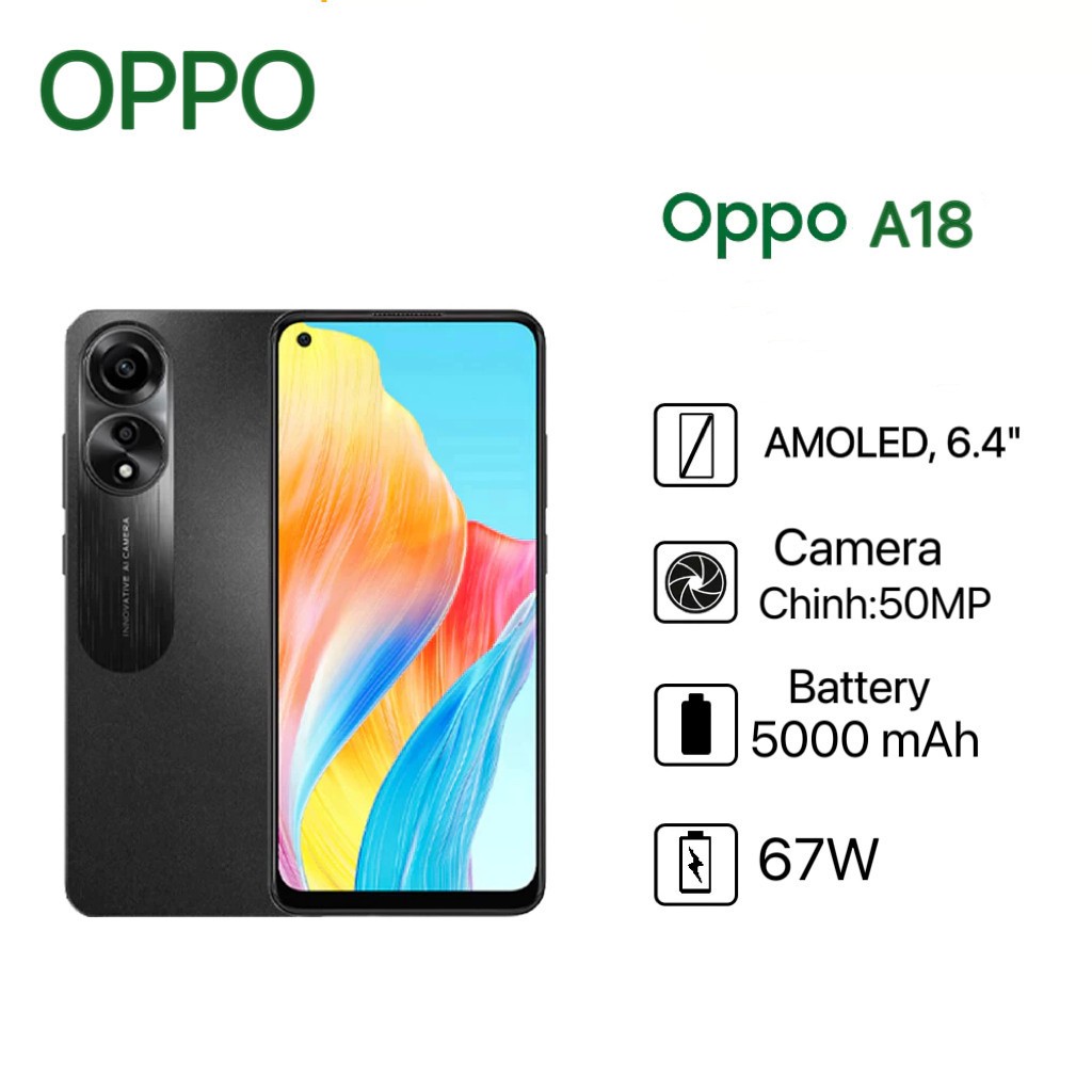 โทรศัพท์มือถือ OPPO A18 แบตใหญ่ 5800mAh (12+512GB) 5G WiFi cellphone กล้อง 16 MP ขยาย RAM ได้ 5GB รับประกันร้าน 1 ปี COD