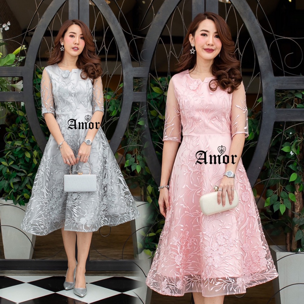 M-4XLชุดเดรสลูกไม้ใส่ออกงาน ทรงกระโปรงบานพลิ้วสวย สีเทา/สีชมพู