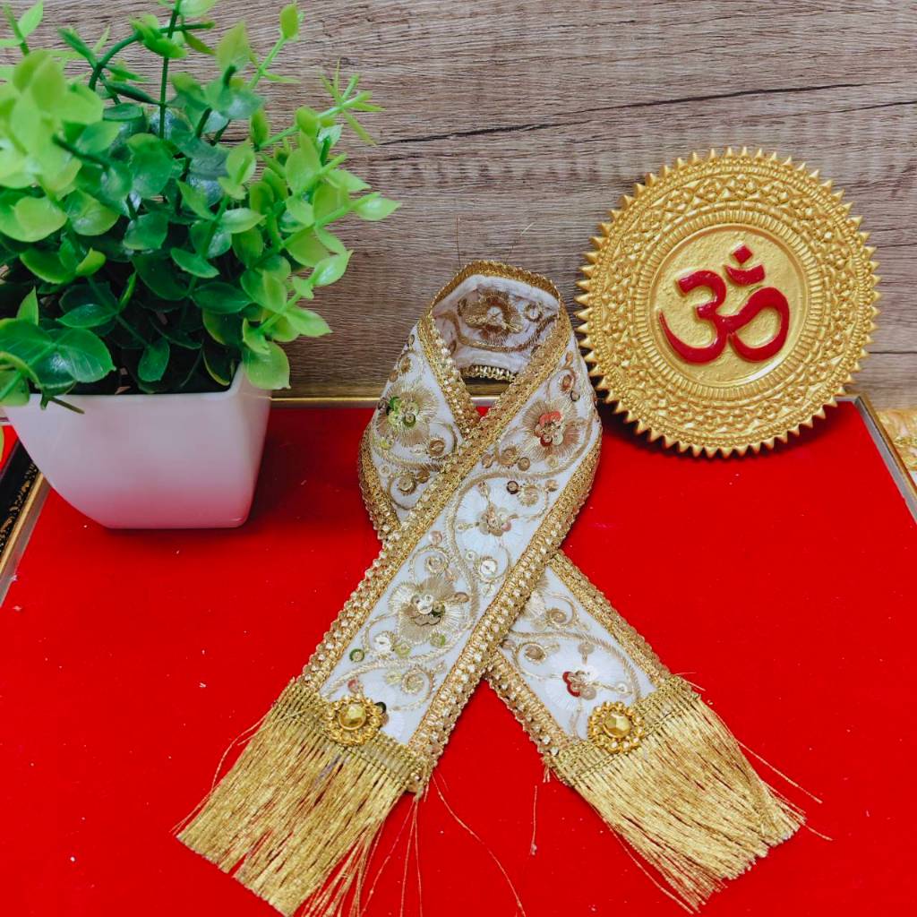 สไบดอกไม้ปักทองขอบทอง ถวายองค์เทพทั้งปวงเหมาะกับองค์ใหญ่ เลือกความยาวได้