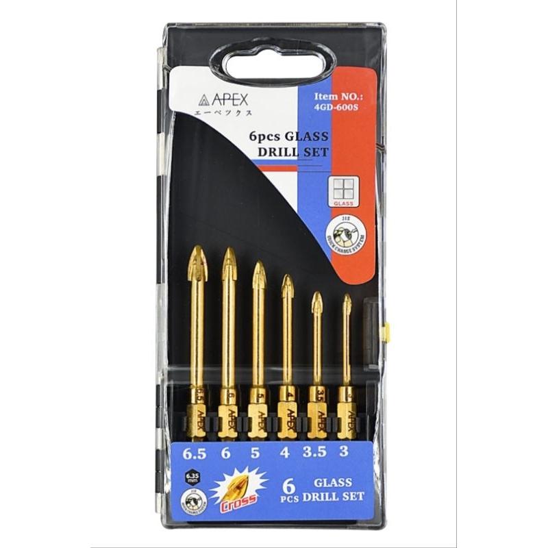 APEX​ 4GD-600S AP-4711001 GLASS​ DRILL​ SET​ ดอกคาร์ไบด์เจาะกระจก​ 4​ ฟัน​ ชุบTiN​ ชุดดอกเจาะกระจก​ ชุดดอกเจาะกระเบื้อง