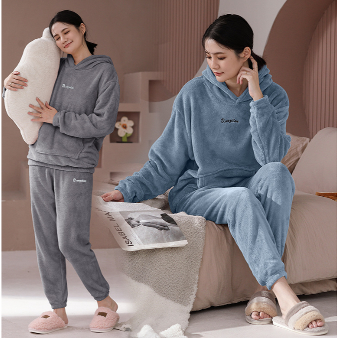 S80074 ชุดนอนผ้านาโนมีหมวก แขนยาวขายาว ขนนิ่ม สีหวานพาสเทล ฟรีไซต์
