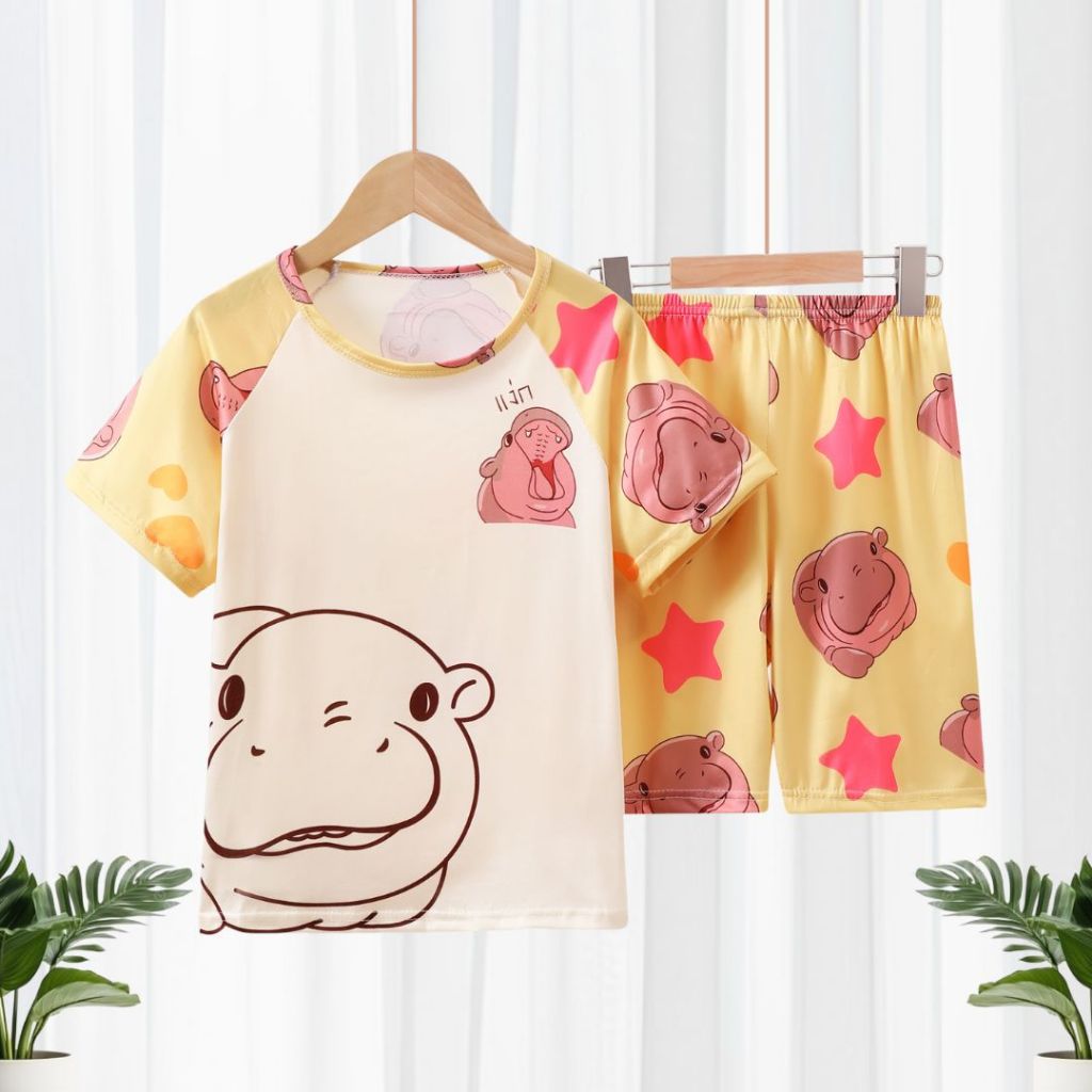 ชุดเซ็ตเด็กผู้ชายเด็กผู้หญิง พิมพ์ลายหมูเด้ง ผ้าไมโคร ยืด นิ่ม ลื่น Moo Deng Children's set พร้อมส่งในไทย
